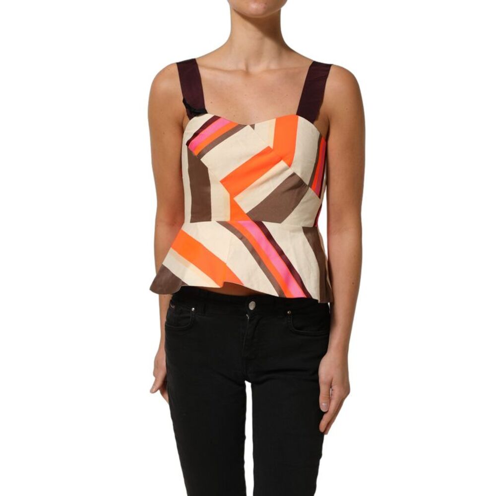 PINKO Multicolor Striped Cotton Sleeveless Draped Peplum Women's Top